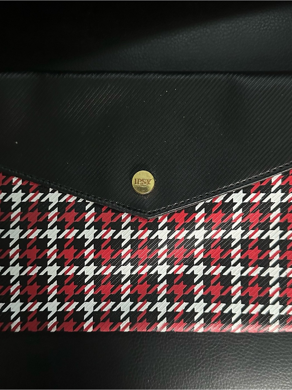 ipsy Black Envelope Clutch with Red, White & Black Houndstooth